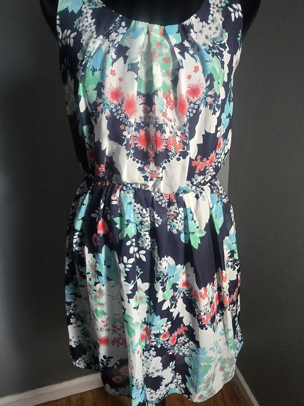Iz Byer Navy Floral Sleeveless Dress with Coral & Mint Accents
